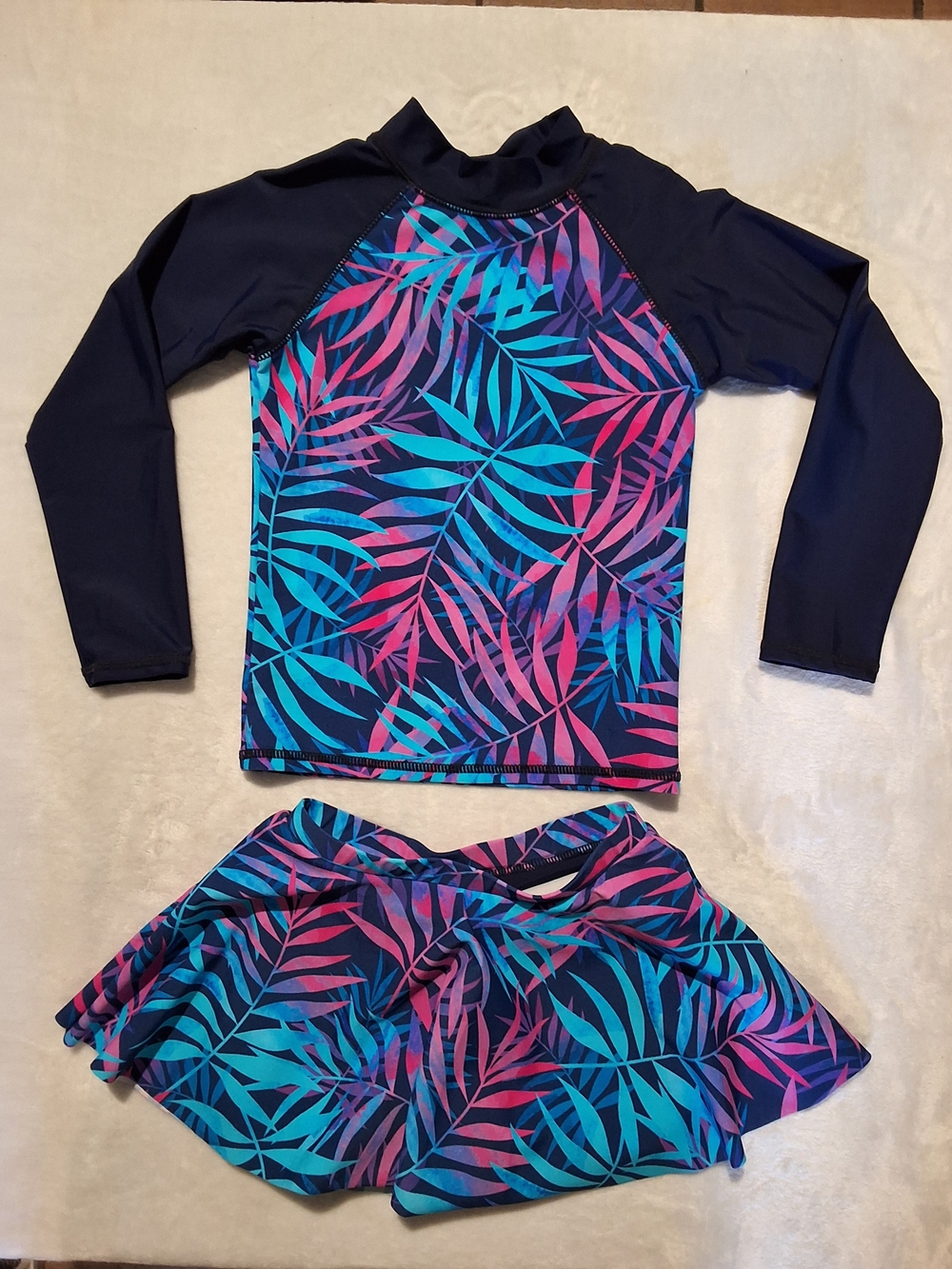 Kids Long Sleeve Rash Guard Swim Set - Navy with Teal & Pink Leaf Print